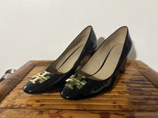 Tory Burch Peep‑Toe Wedge Heels — Authentic — Black Leather Sole Size 7 1/2