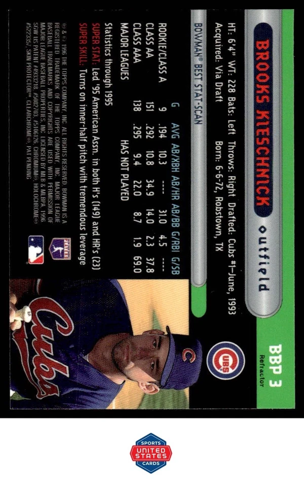 1996 Bowman #BBP 3 Brooks Kieschnick Bowman's Best Previews Refractors - Image 2 of 2