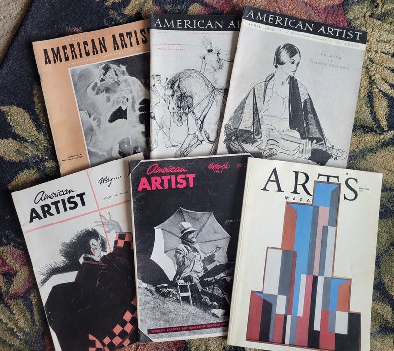 Vintage American Artist Magazines, 1946, 1951, 1955 (details below) + ARTS, 1988