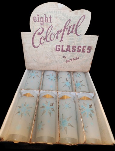 8 Vintage Crystala Turquoise And Gold Snowflake 12 OZ Glasses In Original Box