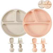 PandaEar 2 Pack Silicone Divided Suction Plates with 2 Spoons 2 Pink Linen
