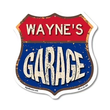 Wayne's Garage Shield Shaped Sign Weather Resistant Crafted in the USA
