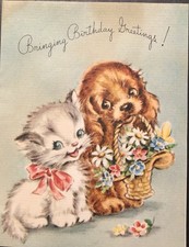 Vintage Birthday Greeting Card Adorable Puppy  Kitty Cat Flowers For Ur B-Day