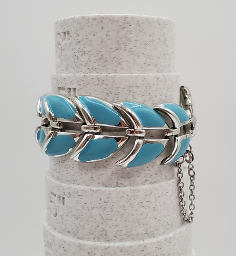 Coro Armband 7 Zoll Türkis Blau Emaille Silberfarben Blattglied Retro Sicherheitskette - Bild 7 von 17