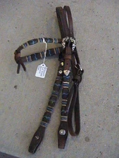 VINTAGE CHAMPION TURF BLUE BLACK CREAM RAWHIDE BRAID SILVER BRIDLE HEADSTALL