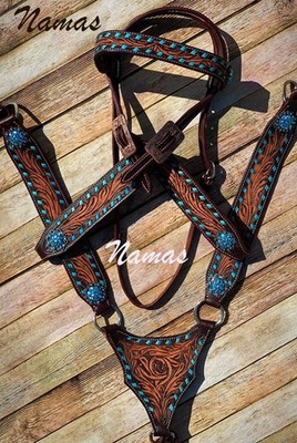 Western Saddle Dark Leather Bridle Headstall Breast Collar Tack Set Pony,Cob,Ful