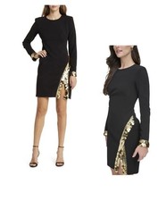 Vince Camuto Black Gold Sheath Dress Long Sleeve Lace Round Neck Size 4