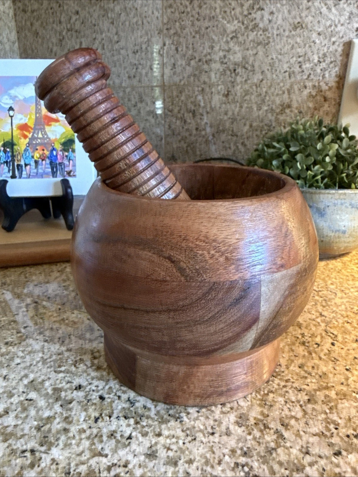 Handcrafted Round Wood Mortar & Pestle Heavy Base 4.5" x 4"