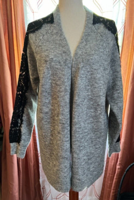 Vero Moda Vimmerla Lace Sleeve Open Cardigan sweater gray black wool blend L NWT
