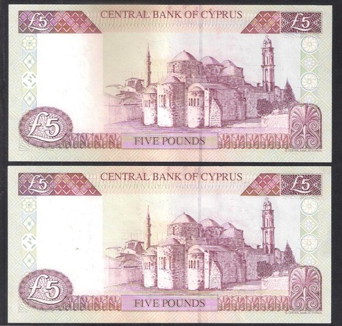 CYPRUS 1997 FIVE POUNDS TWO (2) BANKNOTE CRISP UNC with CONSECUTIVE NUMBERS !!! - Picture 2 of 2