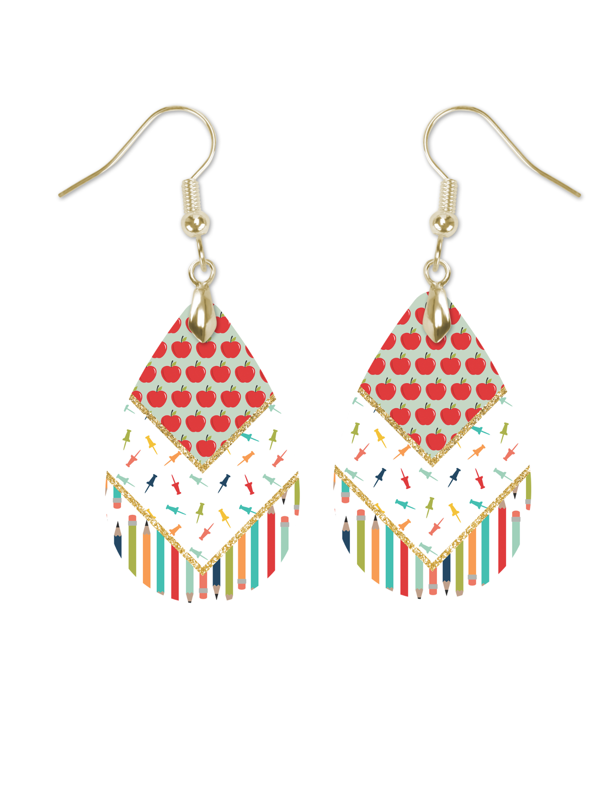Apples Pencils Push Pins Teacher Teardrop Earrings 1.5 Inch Dangle Pierced Ears-image