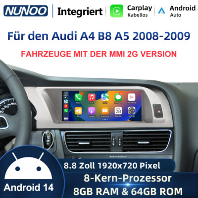 Android14 8.8'' Autoradio CarPlay GPS Navi Für AUDI A4 A5  MMI 2G 2008-2009 8+64G