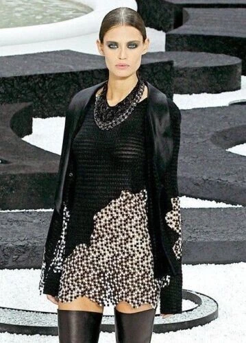 ORIGINALE MINI TUNICA ABITO CHANEL SENZA MANICHE MAGLIA NERA 11P CON INSERTO IN PIZZO LOGO 36