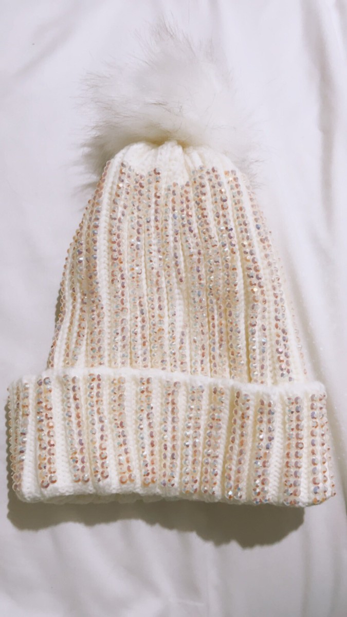 Adrienne Landau white bling crystal rhinestone Pom beanie hat Adrienne Landau Grey Sparkle Crystal Beanie | Mercari main image 4