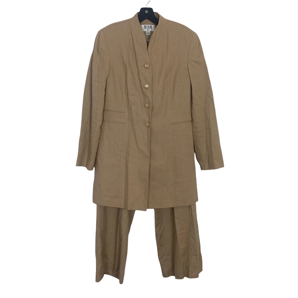 Bill Blass Años 80 Tostado Manga Larga Chaqueta y Pantalón Frente Plano Conjunto Traje Talla 12 Foto 2 de 4
