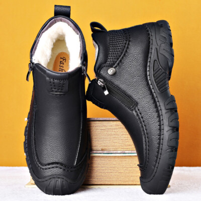 Mens Winter Warm Faux Fur Wool Round Toe High Top Leather Outdoor Cotton Shoes