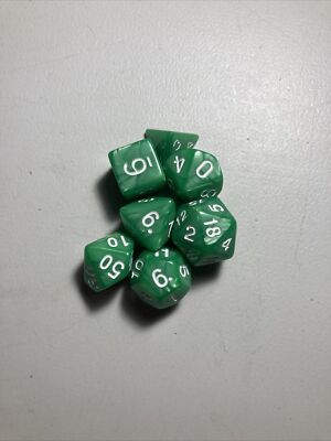 New 7 Piece Polyhedral Green W/ White Numbers Dice Set Only! No Bag!