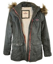 Womens Hollister Fur Lined Olive Green Parka Hood Jacket Zip Button Size Xs