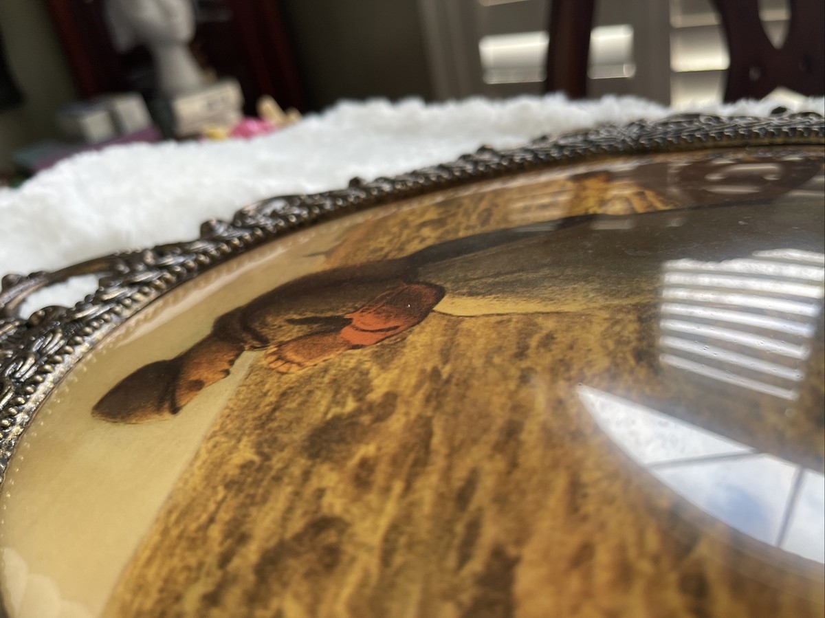 Pair Vintage Ornate Metal Brass Picture Frame Convex Bubble