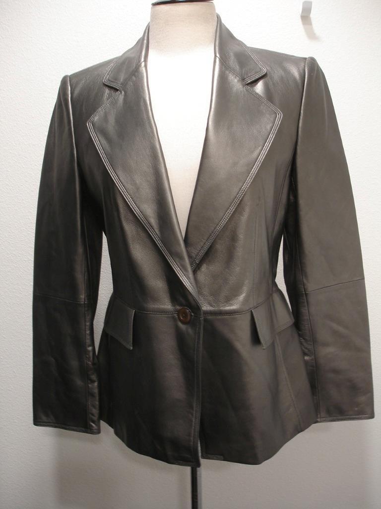 Women's Ellen Tracy Metallic Pewter Gray Leather Suit Jacket Blazer Sport  Coat
