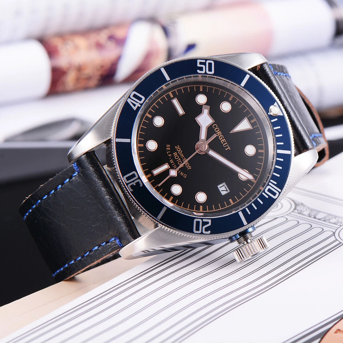 41mm CORGEUT black dial blue bezel Sapphire Glass miyota Automatic mens Watch