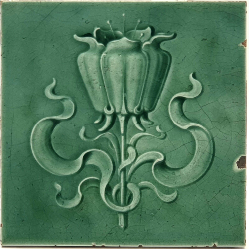 Antyczny kominek Formowana płytka Majolica Zielona glazura H & R Johnson C1905 AE1 - Zdjęcie 1 z 3
