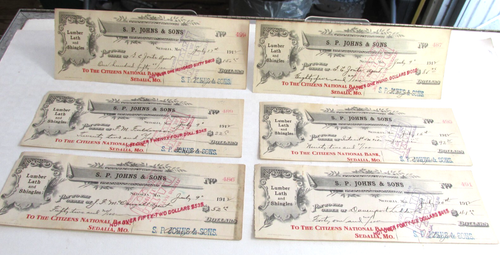 6 -1912 SEDALA MISSOURI Mo., Bank Checks S.P. Johns & Co. Lumber Lath & Shingles