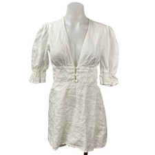 Reformation Simi 100% Linen Womens White V-neck Short Puff Sleeeve Mini Dress 4