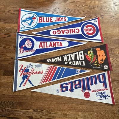LOT 6 Vintage Pennants Flags NBA MLB NHL Yankees Cubs Braves Jays DC Black Hawks
