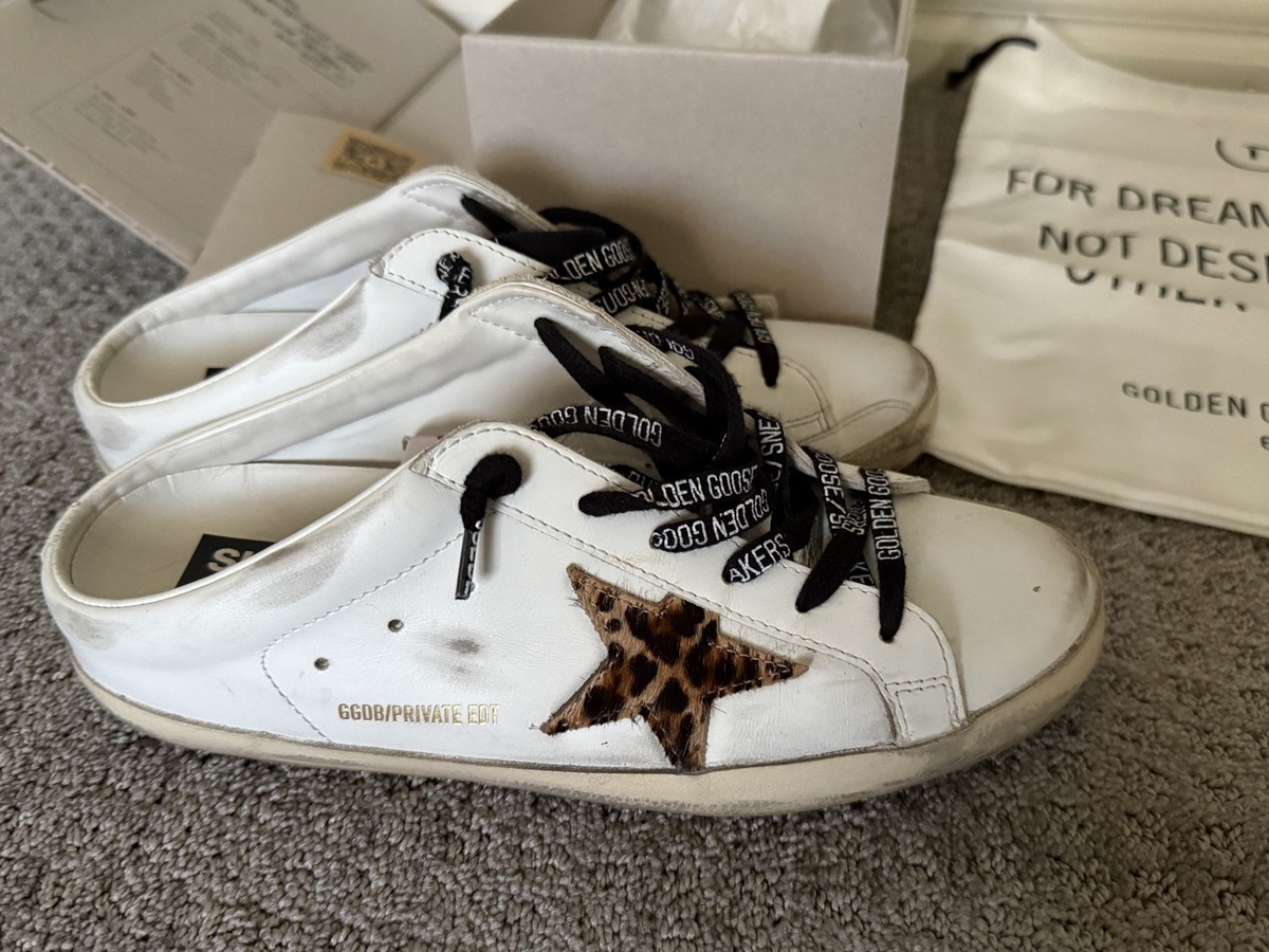 Golden Goose White Superstar Sabot Leopard Hair Star Sneakers