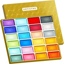Professional Metallic Watercolor Paint Set for Adults - 24 Pigment-Rich Color...