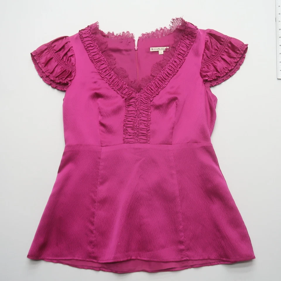 Blusa Top Nanette Lepore 100% Seda Talla 8 Rosa Cuello en V Manga Corta Satén Foto 4 de 4