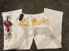NWT Ed Hardy White Logo Heart Sword Rose Sweatpants Size S Small