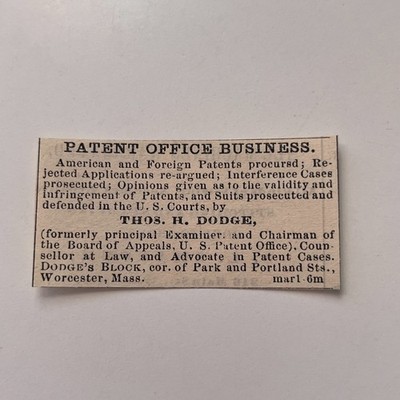 Patent Office Business Thos. H. Dodge 1871 Worcester MA Clipping TAJ8-S88