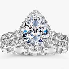 Juego de anillos nupciales de moissanita pera de 2 quilates de plata de ley 925 VVS1 D banda de compromiso