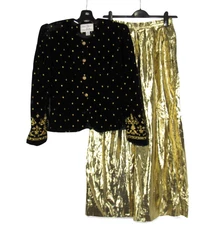 RICKIE FREEMAN TERI JON Black Velvet Jacket GOLD PALAZZO PANTS Cocktail Set 10