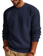 Mens Sweater Crewneck Knit Sweaters Casual Waffle Pullover Large Navy Blue