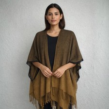 Ombre Brown Blue Fringe Poncho Cardigan Wrap Shawl Cape Unisex Knit
