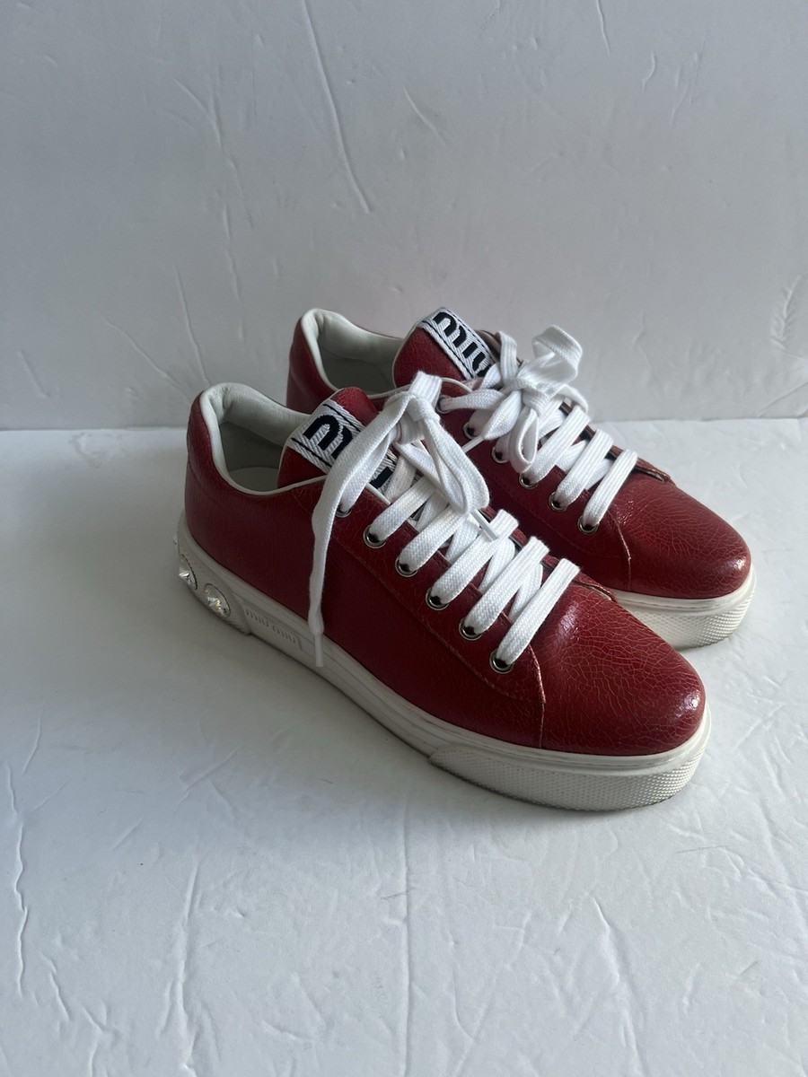 Miu Miu Women Red Patent Leather Crystal Rhinestone Sneaker