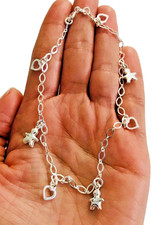 Italy 925 Sterling Silver Open Heart Kid Charm Anklet Bracelet 9.5" - EA16