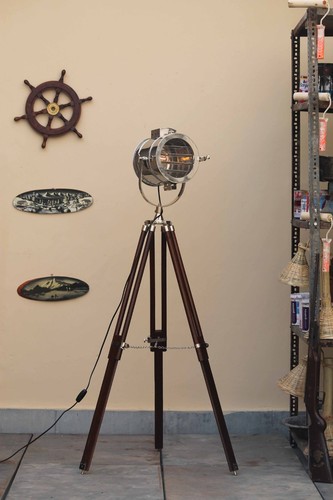 Industrial Chrome Finish Spotlight Tripod Floor Lamp – Brown Stand - Picture 9 of 12