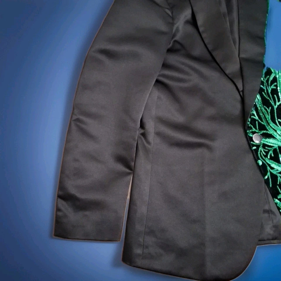 Elegante Chaqueta Negra Verde Lentejuelas Vines Talla XS Brillante Audaz Retro Drag King Foto 2 de 4