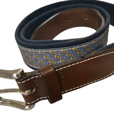 Vineyard Vines Men  s Brown Leather Navy Belt Whale Print and Etched Logo Sz 36