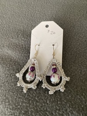 Handmade Crochet And Bead Earrings Purple/Silver
