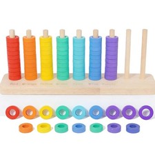 Wooden Color Sorting Stacking Toys, Montessori Toys Rainbow Rings Game, Woode...