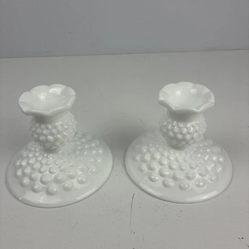 Set of 2 Vintage Fenton Hobnail Milk Glass Candlesticks Pair Candle Holders NICE