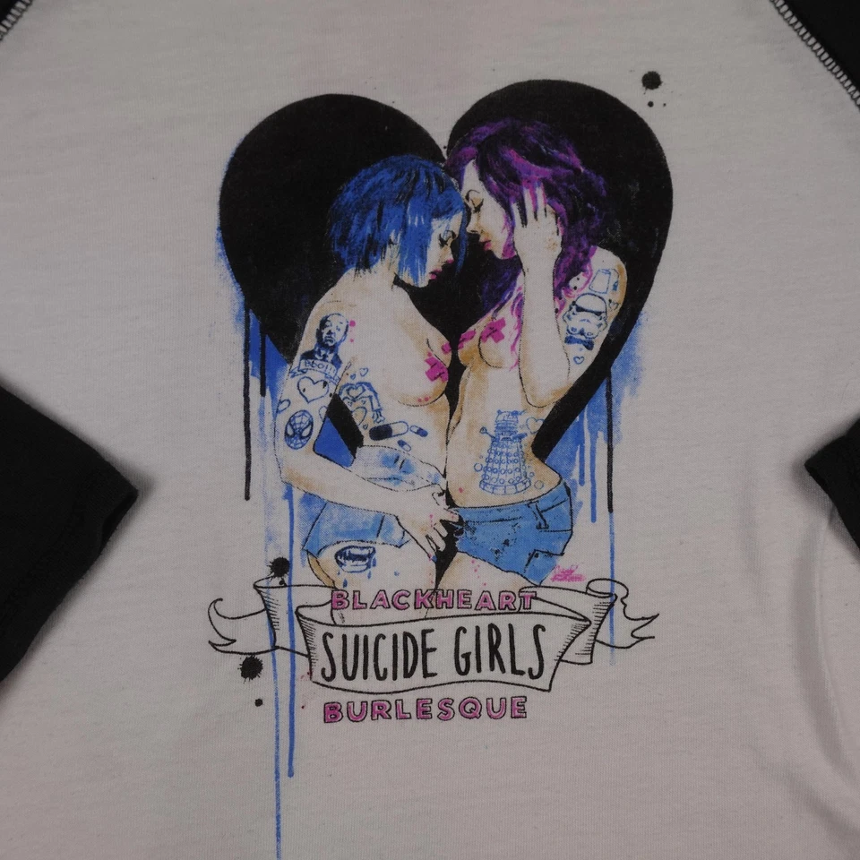Suicide Girls Shirt Mens Large Black White Raglan Baseball 3/4 Sleeve Burlesque - Image 4 of 4