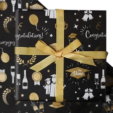 6 Sheets 2025 Graduation Gift Wrapping Paper, Black Gold Folded Ribbon 20x28