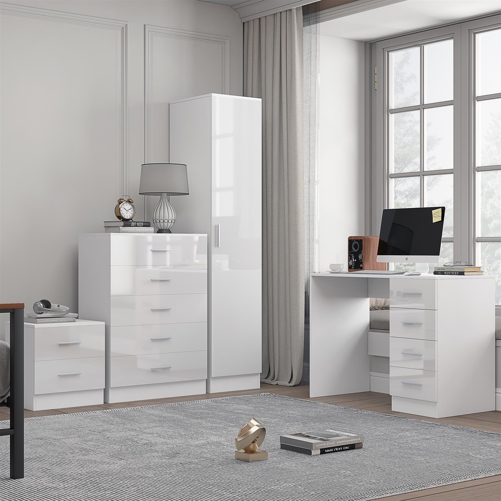 B&Q - 1 Door Plain Wardrobe5 Drawer Chest2 Drawer Bedside & DeskWhite Gloss & Matt WhiteBedroom Furniture Set - Image 3