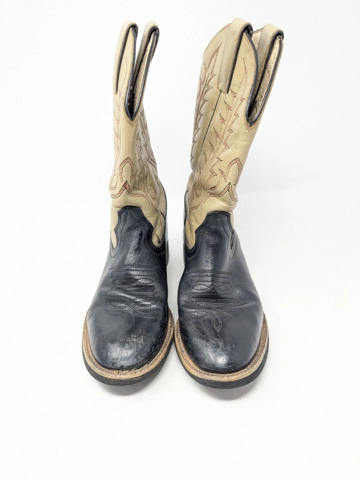 Tony Lama 棕褐色黑色 Rodeo 皮革西部靴 青年尺码 2.5 D 儿童 — 第 2/4 张图片